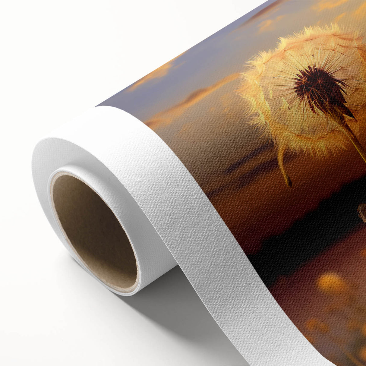 Botanical wall art featuring a dandelion design on rolled canvas, showcasing delicate seed details against a soft background, ideal for nature-inspired decor.