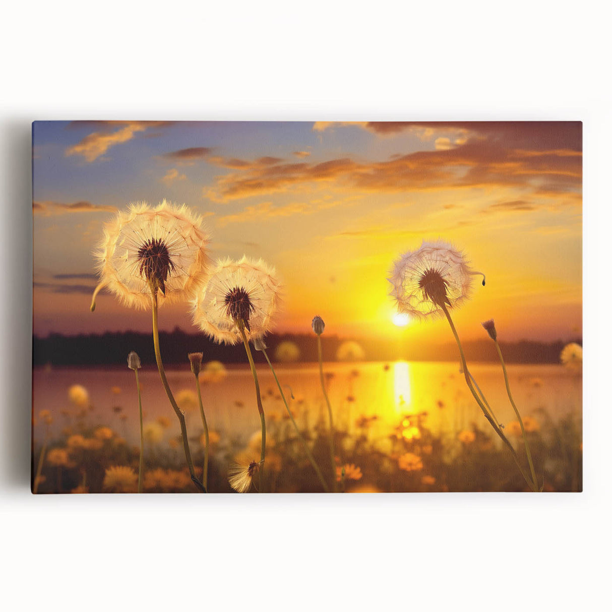 Stretched canvas wall art featuring a detailed botanical dandelion design, showcasing soft yellow and green tones, perfect for adding a natural touch to home decor.