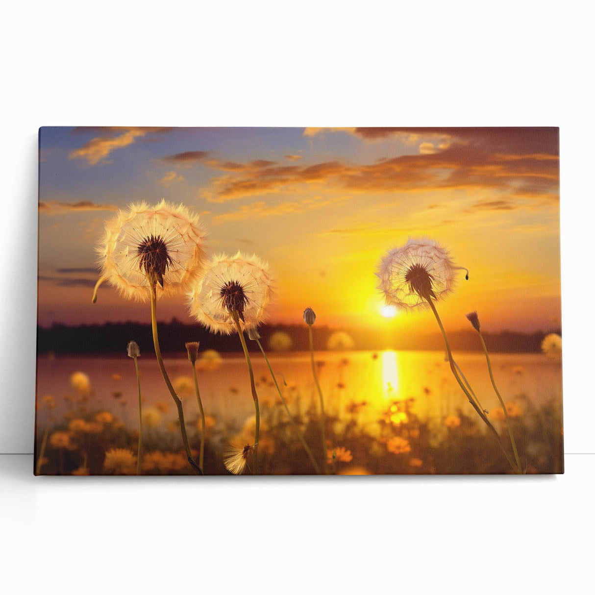 Stretched canvas wall art featuring a detailed botanical dandelion design, showcasing soft yellow and white hues against a minimalist background, perfect for modern decor.