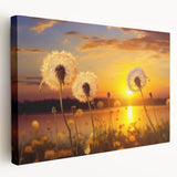 Stretched canvas wall art featuring a botanical dandelion design, showcasing delicate white flowers against a soft pastel background, perfect for home decor.