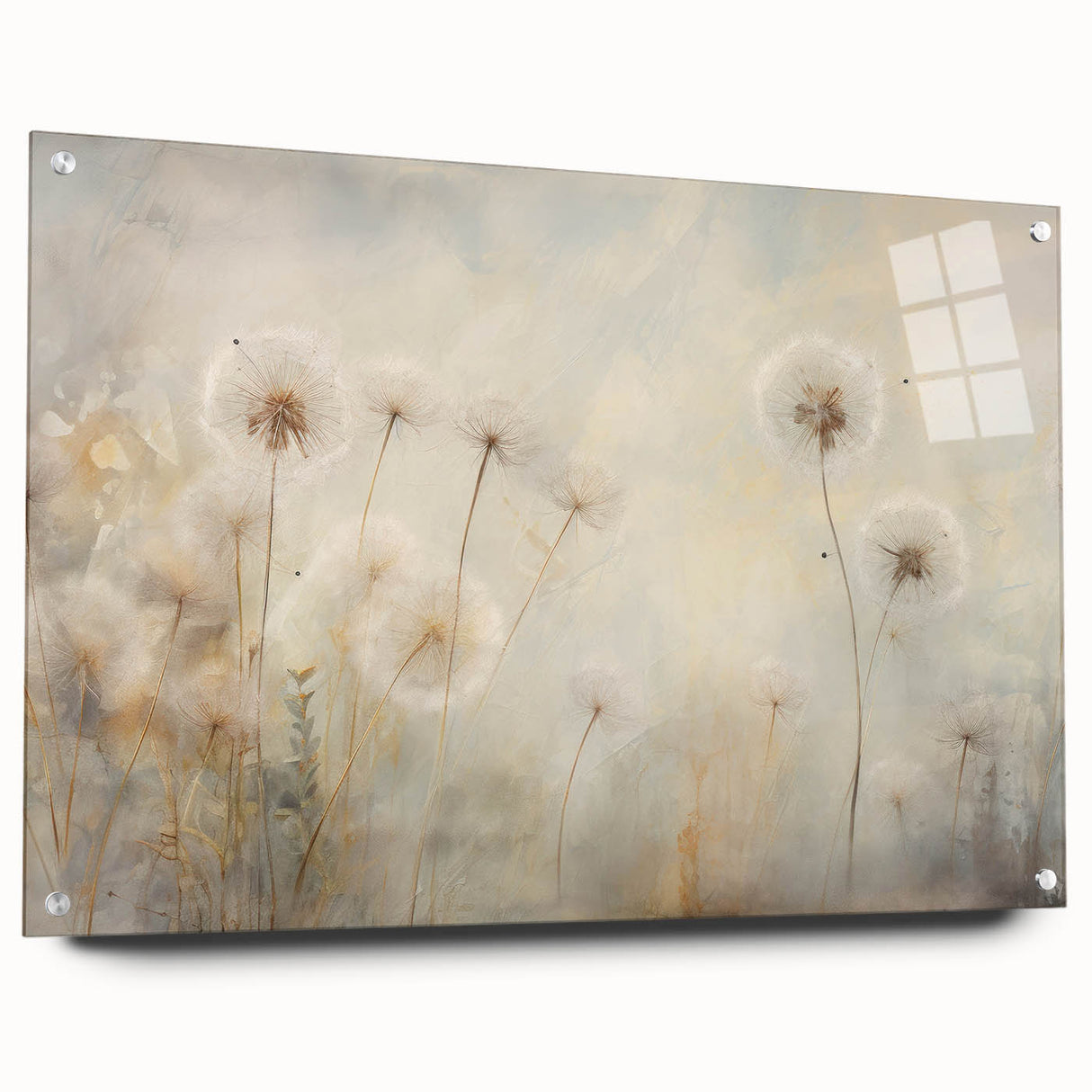 Side view of a botanical dandelion wall art piece displayed in acrylic glass, showcasing intricate details of the dandelion design, perfect for home decor.