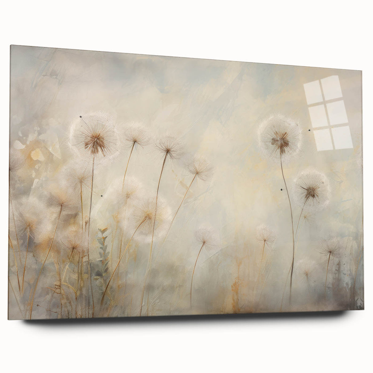 Side view of a botanical dandelion wall art piece, crafted from acrylic glass, showcasing intricate details and vibrant colors, ideal for home decor.