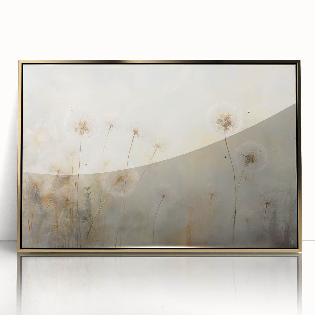 Framed wall art featuring a botanical dandelion design, showcasing intricate details with a gold-accented frame, perfect for home decor and nature enthusiasts.