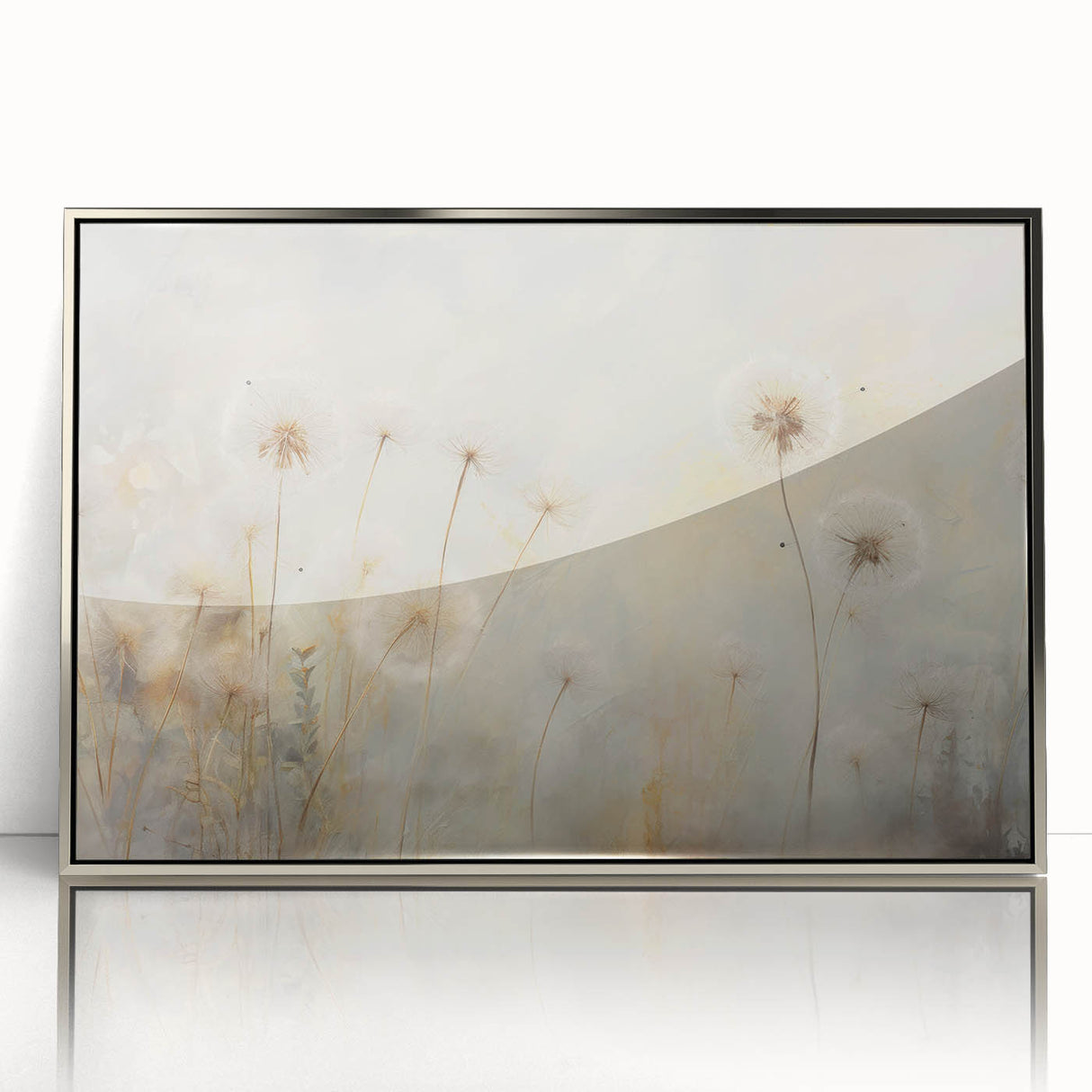 Framed wall art featuring a botanical dandelion design in silver, showcasing vibrant yellow and green floral details, perfect for modern home decor.