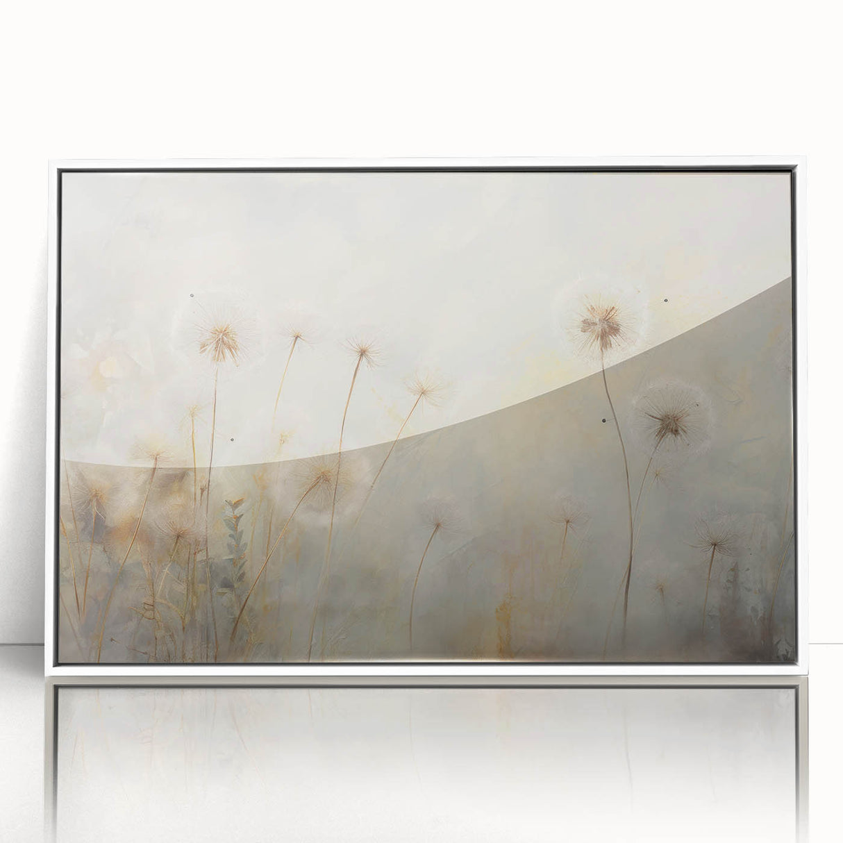 Framed acrylic wall art featuring a botanical dandelion design with a white frame, showcasing intricate details of the flower against a clean background, perfect for nature-inspired decor.