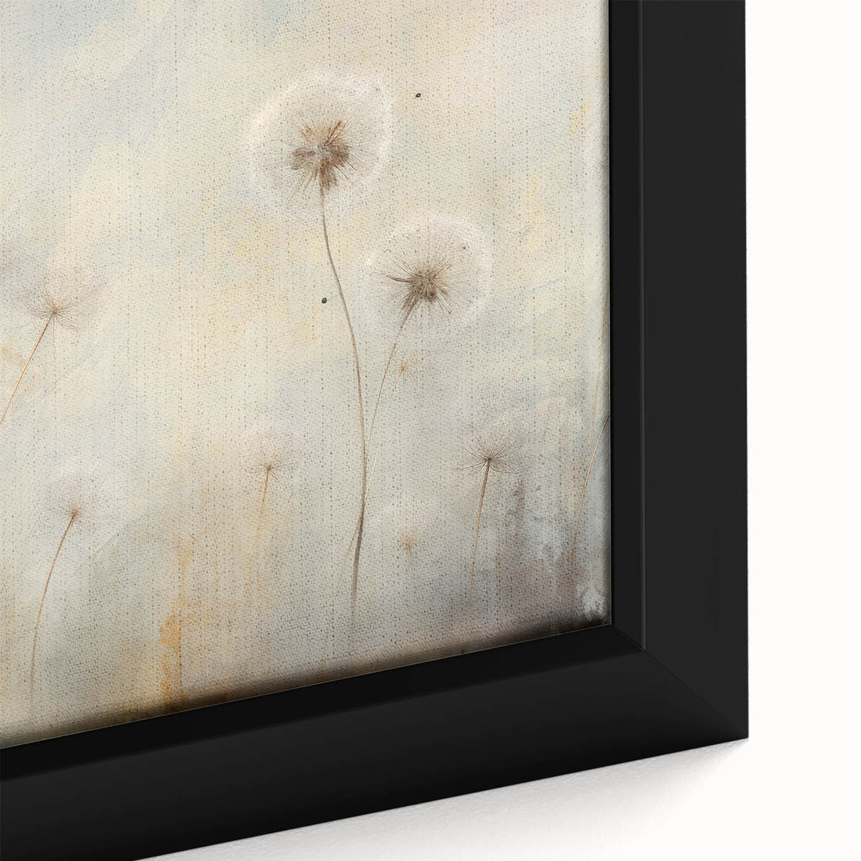 Close-up of a framed botanical wall art piece featuring a delicate dandelion design, showcasing intricate details and vibrant colors on canvas, perfect for home decor.