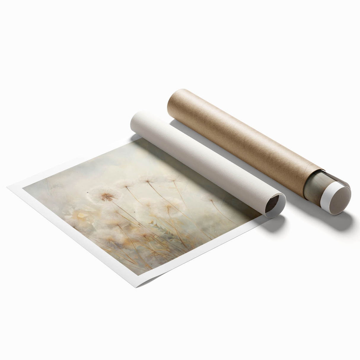 Botanical dandelion wall art design on rolled print, showcasing intricate details of delicate flower patterns in soft colors, perfect for nature-inspired decor.