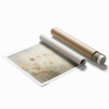 Botanical dandelion wall art design on rolled print, showcasing intricate details of delicate flower patterns in soft colors, perfect for nature-inspired decor.