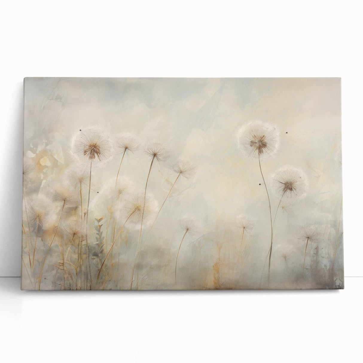 Stretched canvas wall art featuring a detailed botanical design of dandelions, showcasing vibrant yellow and green colors, ideal for home decor.
