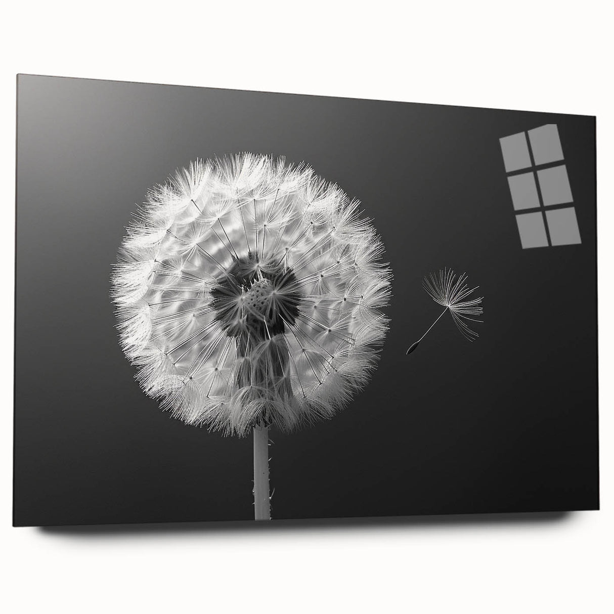 Acrylic wall art featuring a detailed botanical design of dandelions, showcasing vibrant yellow and green colors, elegantly displayed from a side view without pins.