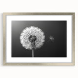 Botanical wall art featuring a delicate dandelion design, framed with a silver mat, perfect for adding a touch of nature-inspired elegance to any decor.