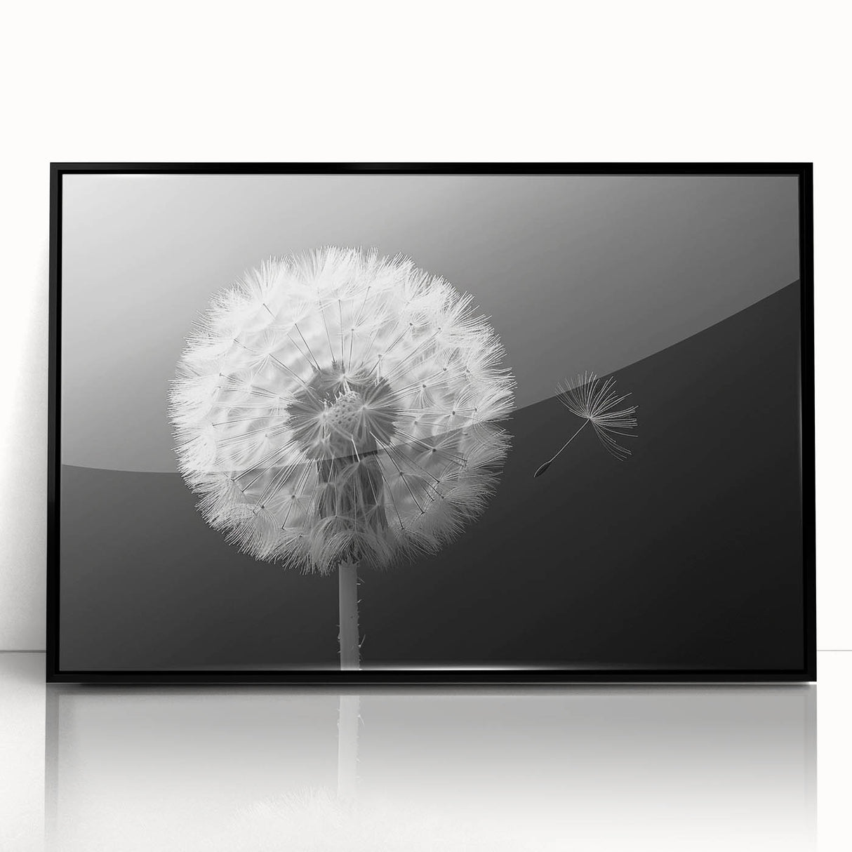 Framed wall art featuring a botanical dandelion design, showcasing intricate details in black acrylic, perfect for modern home decor. Ideal for nature lovers.