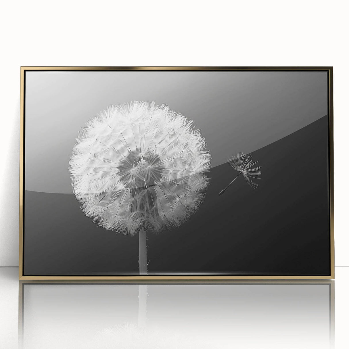 Framed wall art showcasing a botanical dandelion design in an elegant gold frame, perfect for home decor, adding a touch of nature-inspired elegance to any room.