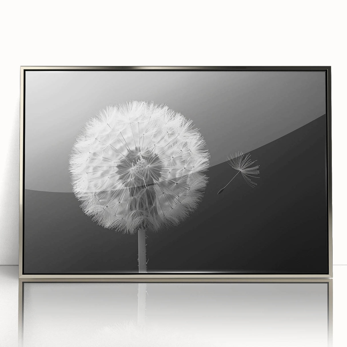 Framed wall art featuring a detailed botanical dandelion design in silver-acrylic finish, showcasing delicate flower details and elegant aesthetics, ideal for home decor.