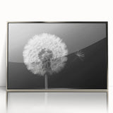 Framed wall art featuring a detailed botanical dandelion design in silver-acrylic finish, showcasing delicate flower details and elegant aesthetics, ideal for home decor.