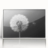 Framed wall art featuring a botanical dandelion design in vibrant colors, set in a sleek white frame, ideal for home decor and nature enthusiasts.