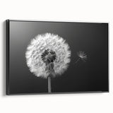 Framed black canvas wall art featuring a detailed botanical dandelion design, showcasing intricate textures and vibrant colors, ideal for modern home decor.
