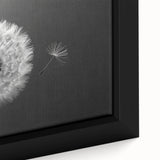 Close-up of a framed canvas wall art featuring a detailed botanical dandelion design, showcasing delicate white flower petals against a soft green background, ideal for nature-themed decor.