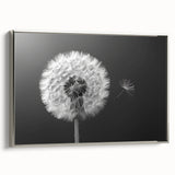 Framed wall art collection showcasing a botanical dandelion design on canvas, featuring a sleek silver frame and a side view that highlights its elegant aesthetic. Perfect for home decor enthusiasts looking to add a touch of nature-inspired elegance to their living space.