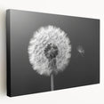 Stretched canvas wall art showcasing a detailed botanical design of a dandelion, featuring vibrant colors and a textured finish, ideal for home decor.