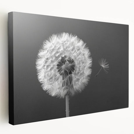 Stretched canvas wall art showcasing a detailed botanical design of a dandelion, featuring vibrant colors and a textured finish, ideal for home decor.