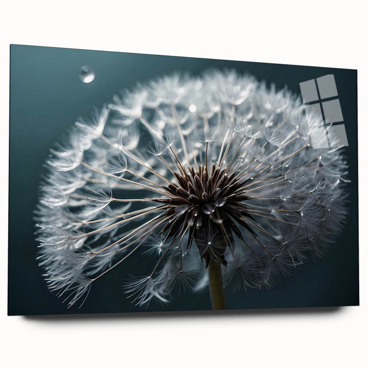 Acrylic wall art showcasing a botanical dandelion design in vibrant colors, elegantly displayed from a side view, highlighting its sleek edges and glass finish. Perfect for home decor enthusiasts seeking nature-inspired pieces.