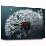 Acrylic wall art showcasing a botanical dandelion design in vibrant colors, elegantly displayed from a side view, highlighting its sleek edges and glass finish. Perfect for home decor enthusiasts seeking nature-inspired pieces.