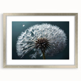 Dandelion wall art design in a silver frame with matting, showcasing delicate botanical details and a modern aesthetic. Perfect for home decor enhancement.