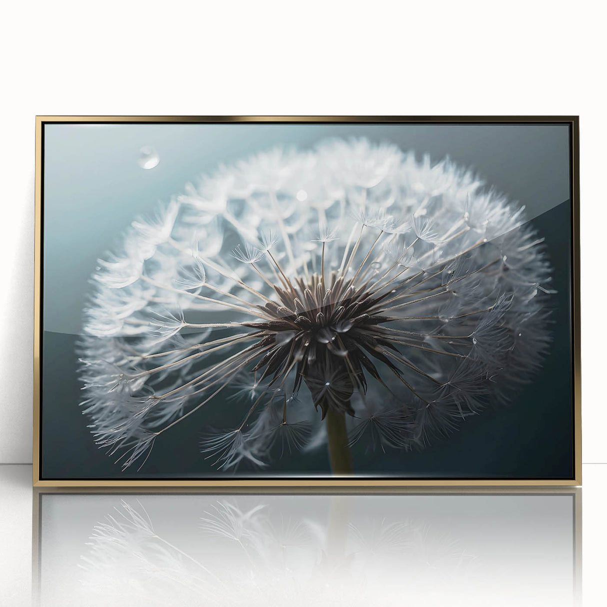 Framed botanical wall art featuring a detailed dandelion design with a gold-accented frame, ideal for home decor in modern or nature-inspired interiors.