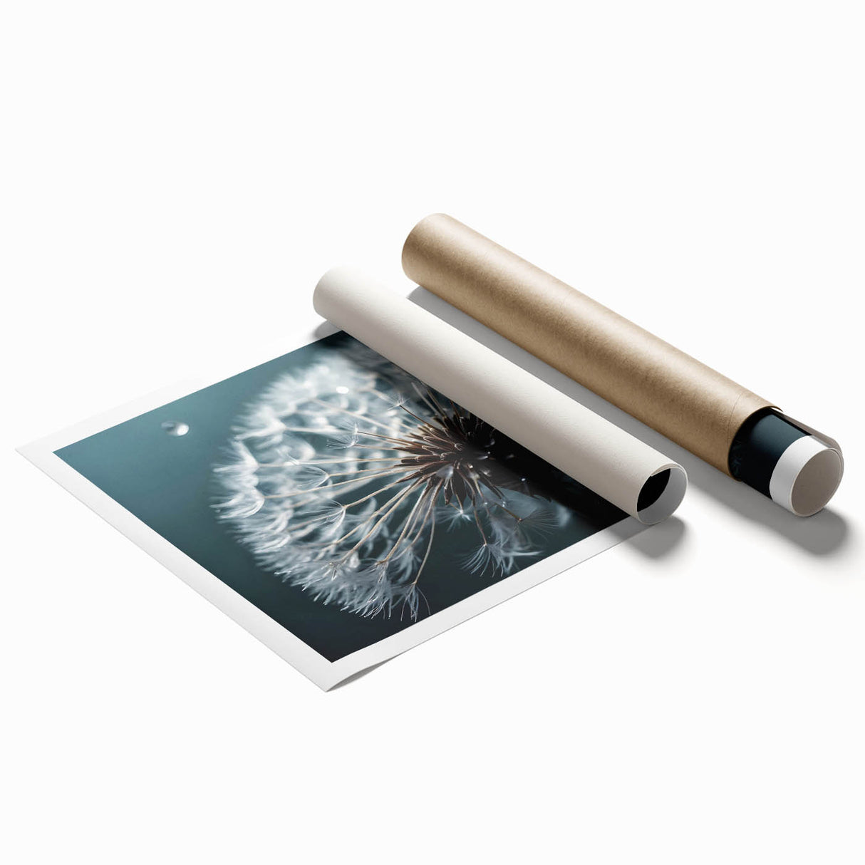 Botanical wall art print featuring a detailed dandelion design in soft yellow and green hues, elegantly rolled for easy display, perfect for home decor enthusiasts.