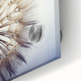 Close-up of a botanical wall art piece featuring a delicate dandelion design on acrylic glass, showcasing intricate details and vibrant colors, perfect for home decor.
