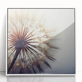 Framed wall art featuring a detailed botanical illustration of dandelions in white acrylic, showcasing delicate flower designs for home decor.