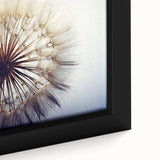 Close-up view of a framed botanical wall art featuring a detailed dandelion design on canvas, showcasing fine textures and vibrant colors, perfect for home decor.