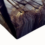 Close-up of a botanical dandelion wall art design on stretched canvas, showcasing intricate details and soft yellow hues, perfect for modern home decor.