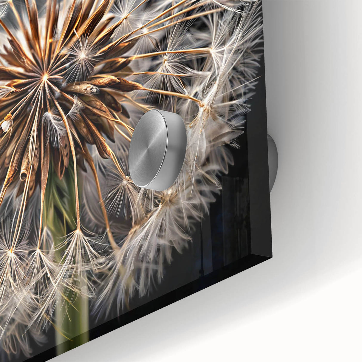 Close-up of a vibrant botanical wall art print showcasing a detailed dandelion design, featuring rich colors and intricate textures, ideal for home decor.