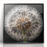 Framed botanical wall art featuring a detailed black and white dandelion design, set against a minimalist backdrop, perfect for modern home decor.