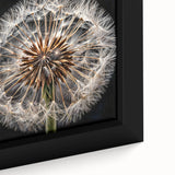 Close-up of a framed botanical wall art piece showcasing a detailed dandelion design, featuring intricate textures and a vibrant color palette, perfect for home decor.