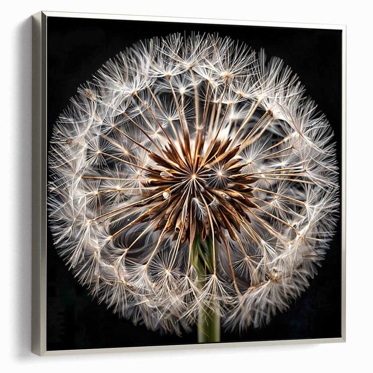 Framed botanical wall art showcasing a delicate silver dandelion design on canvas, highlighting intricate details and elegant aesthetics, perfect for home decor.