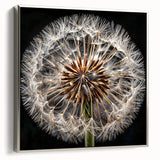 Framed botanical wall art showcasing a delicate silver dandelion design on canvas, highlighting intricate details and elegant aesthetics, perfect for home decor.