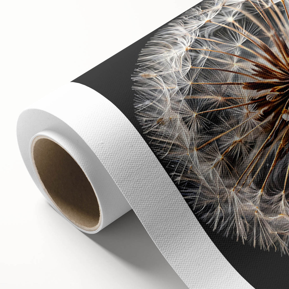 Elegant rolled canvas depicting a detailed botanical dandelion design, showcasing intricate floral patterns and vibrant colors, ideal for home decor and nature lovers.