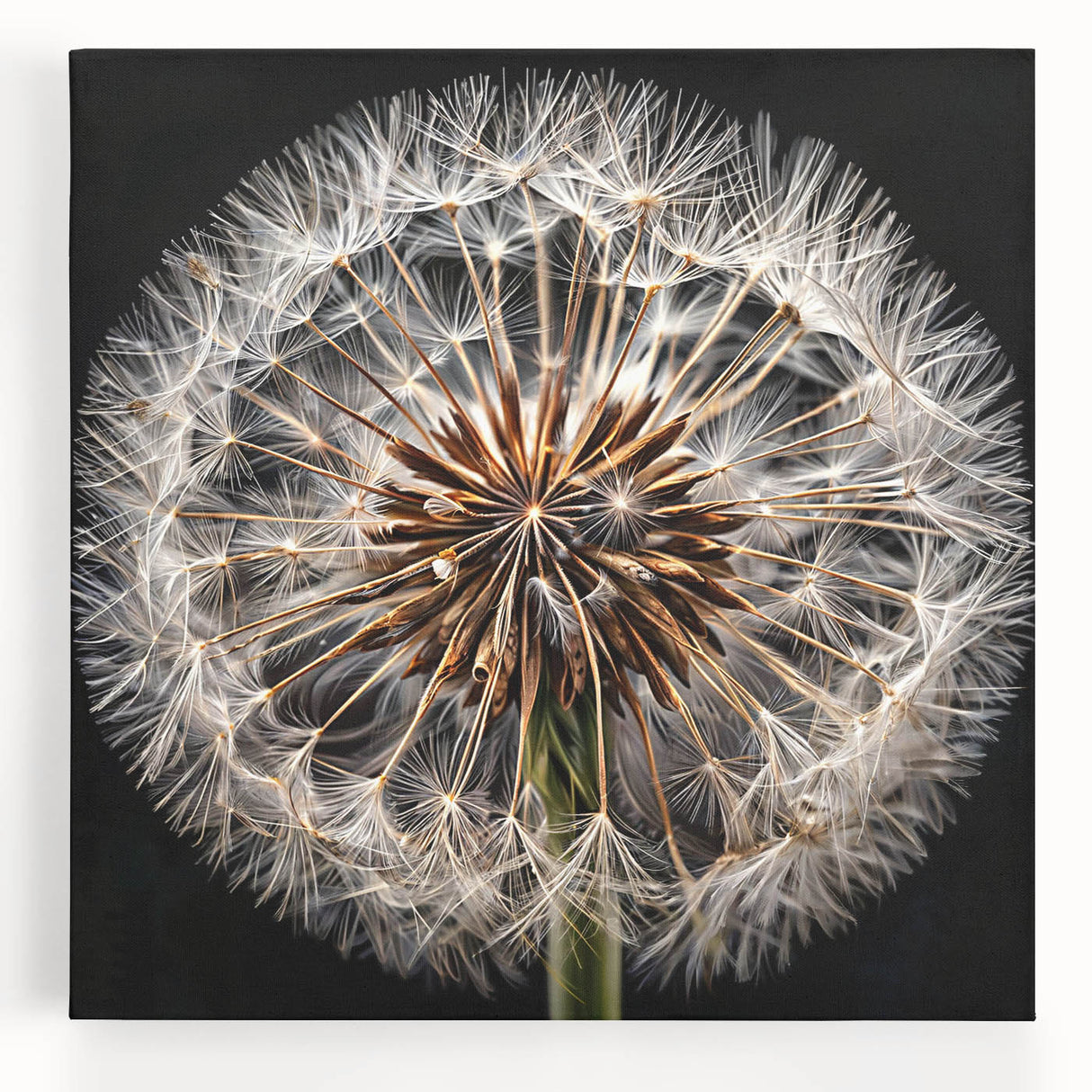 Stretched canvas wall art featuring a detailed botanical dandelion design in soft hues of yellow and green, perfect for adding a touch of nature-inspired elegance to any room.
