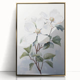 Framed wall art featuring a botanical dogwood design with acrylic glass, gold accents, and a contemporary aesthetic, perfect for home decor.