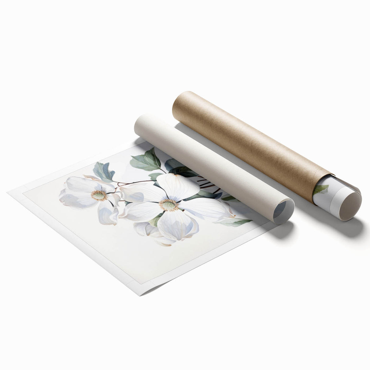 Botanical wall art print featuring delicate pink dogwood flowers against a soft white background, showcasing intricate details and subtle textures, perfect for home decor.