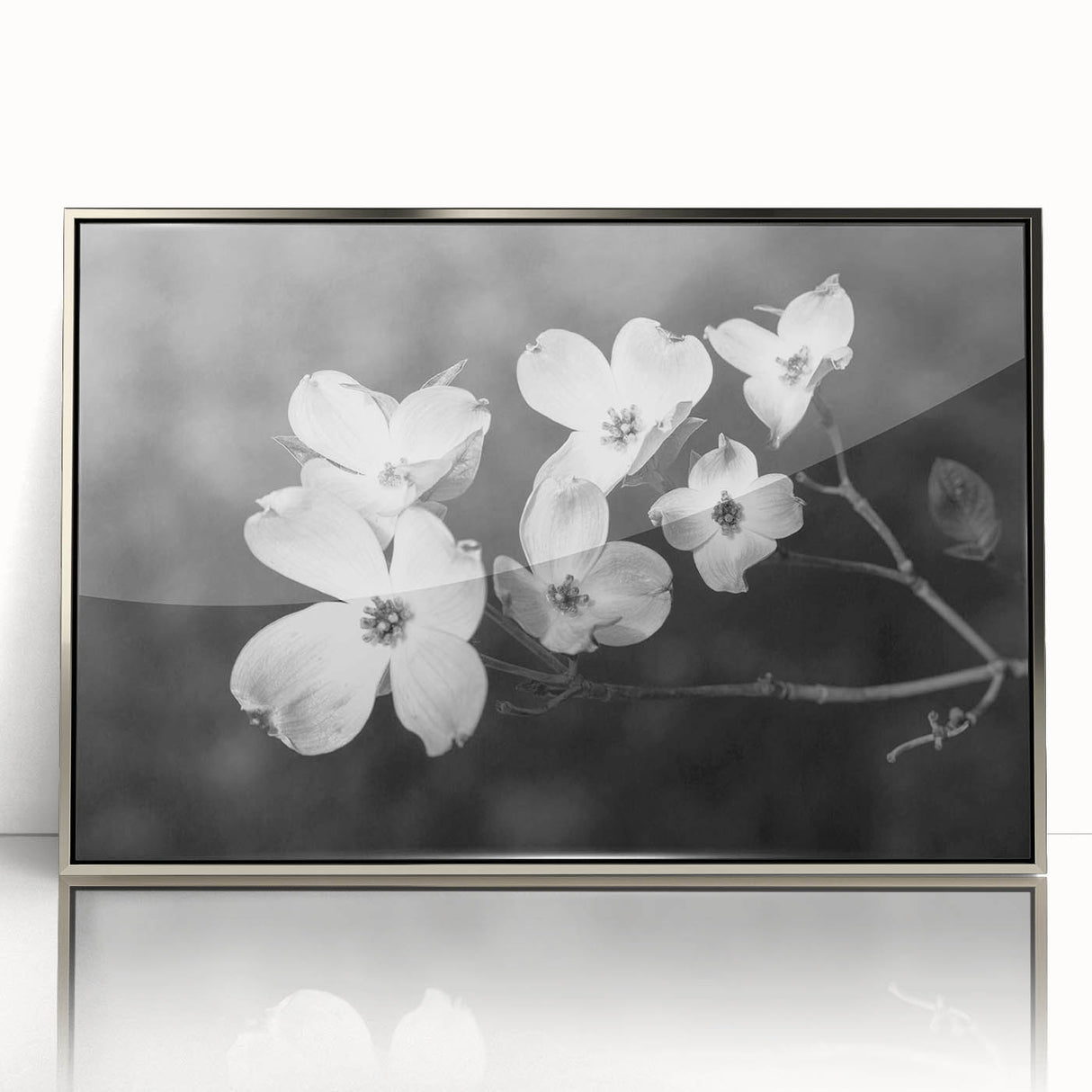 Framed botanical wall art featuring delicate dogwood flowers in soft pastel colors, accented by a sleek silver frame, ideal for home decor.