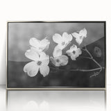 Framed botanical wall art featuring delicate dogwood flowers in soft pastel colors, accented by a sleek silver frame, ideal for home decor.