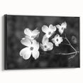 Framed botanical wall art featuring a delicate dogwood flower design, showcased in a sleek black frame with a side view to highlight its elegant details.
