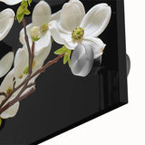 Close-up of a vibrant botanical dogwood design wall art collection, showcasing intricate floral details and bright colors on acrylic glass, perfect for home decor.