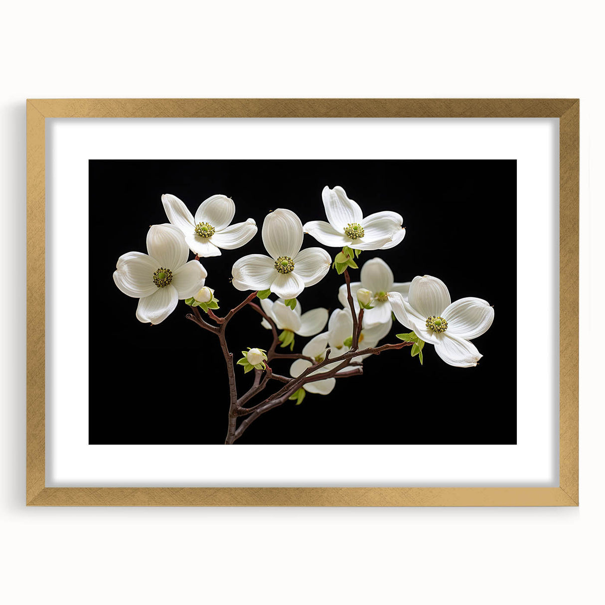Framed botanical wall art featuring a delicate dogwood flower design in soft pastel colors, elegantly matted and set in a gold frame, ideal for home decor.