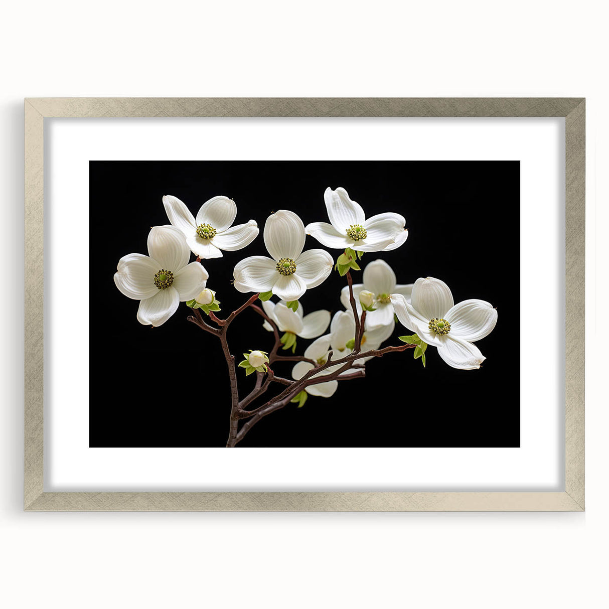 Botanical wall art print featuring a delicate dogwood flower design, framed with a sleek silver mat, perfect for enhancing home decor with nature-inspired elegance.