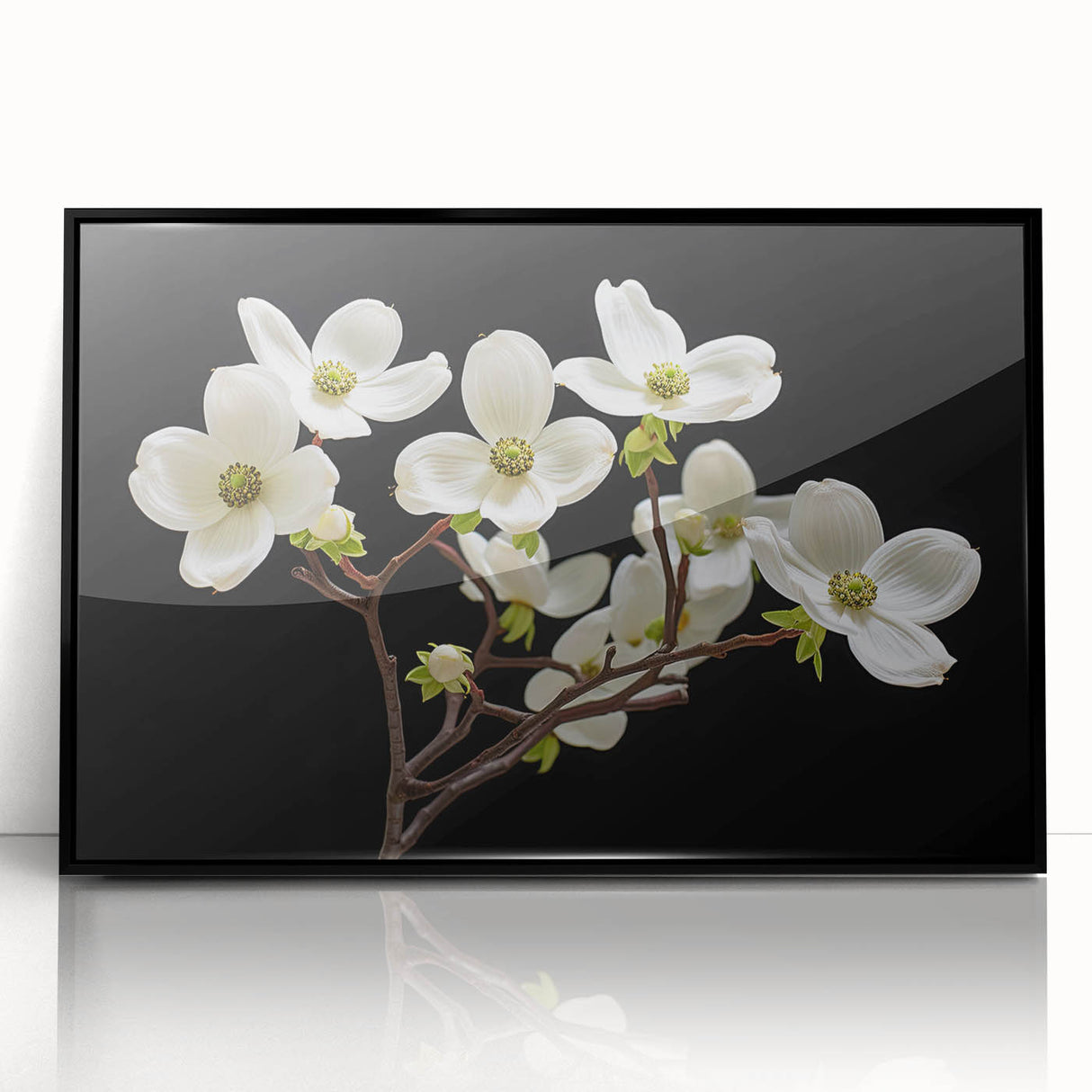 Framed botanical wall art featuring a dogwood design in vibrant colors, set against a sleek black frame, ideal for enhancing home decor and nature-themed interiors.
